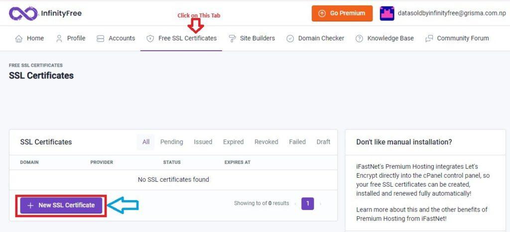 Infinityfree Dashboard - Issue Free Ssl Certificate Tab