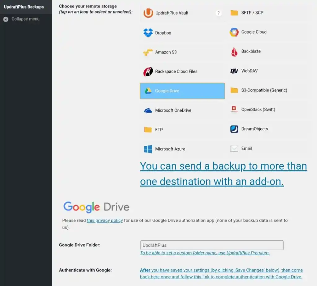 How To Back Up Wordpress To Google Drive With Updraftplus (2026 Guide) 5 Choose Remote Storage For Backup