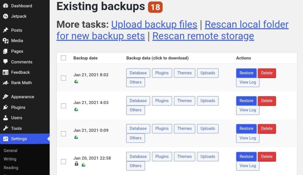 How To Back Up Wordpress To Google Drive With Updraftplus (2026 Guide) 1 Updraftplus Dashboard For Backup Wordpress Site